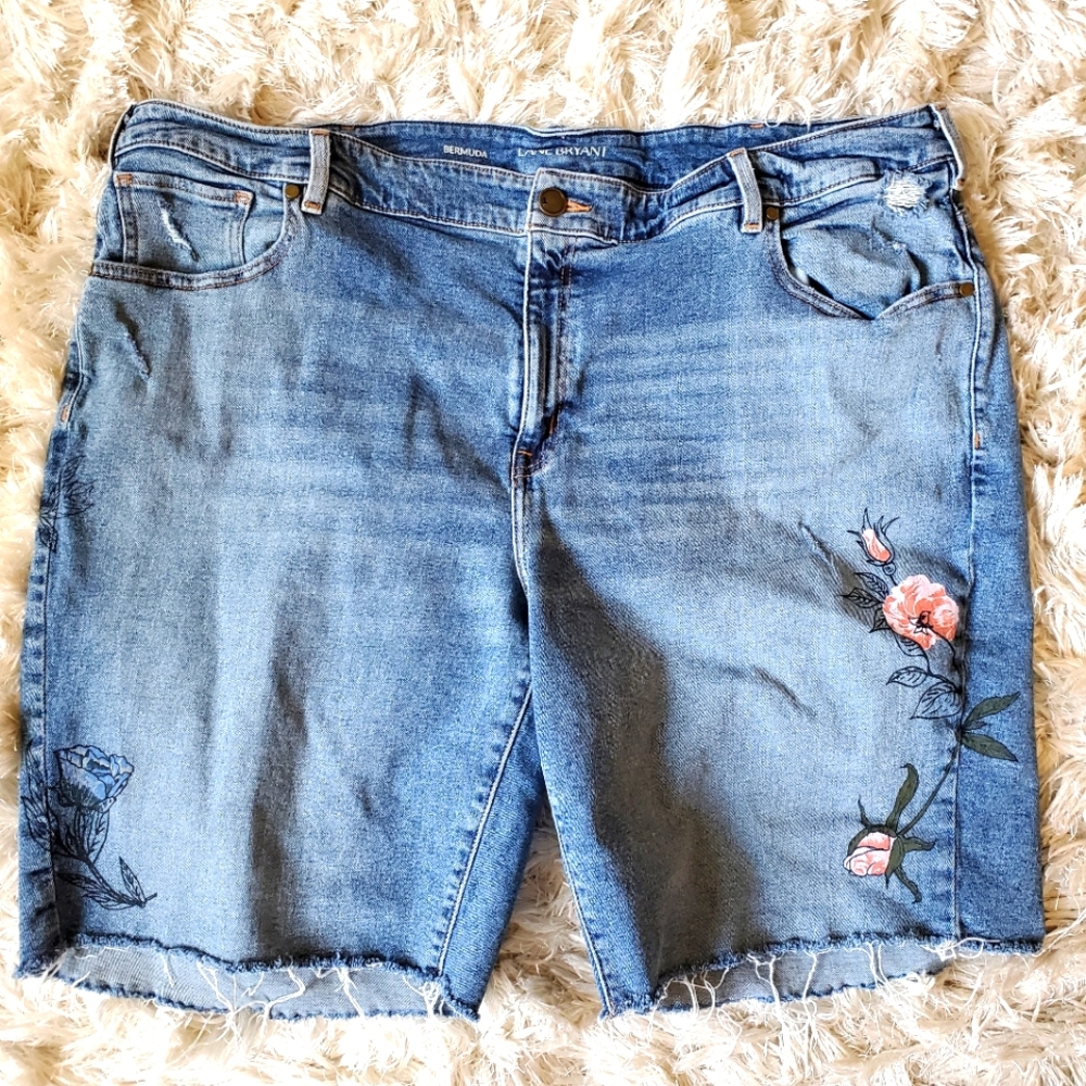 28 Lane Bryant Painted Bermuda Jean Shorts with Flowers, Raw Hem